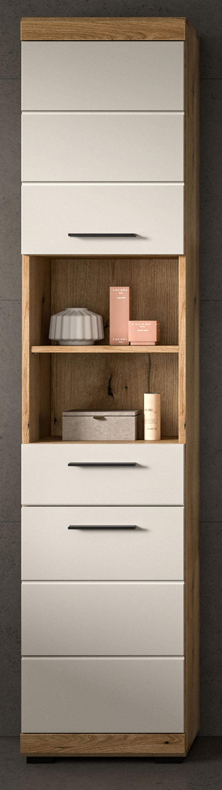 HOCHSCHRANK Sand Kaschmir, Evoke Eiche, Badschrank, 6 Fächer, 37 cm - Kaschmir/Eichefarben, Holzwerkstoff/Kunststoff (37/191/31cm) - Inn.Furn