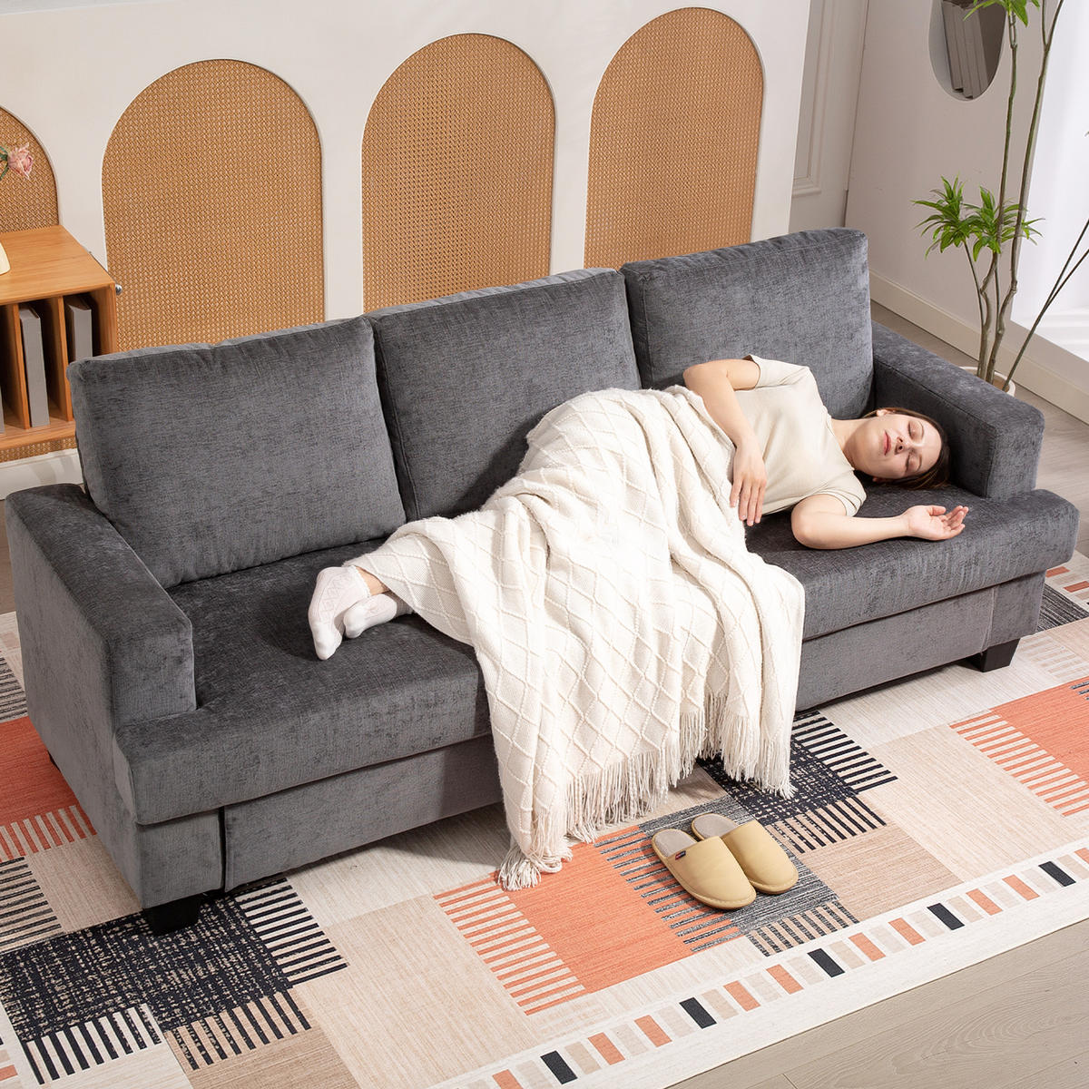 3-SITZER-SOFA DE-06547 Wohnzimmersofa für 3 Personen, Stahlrahmen Grau - Grau, Holz/Textil (82/90/213cm) - ComfortXL