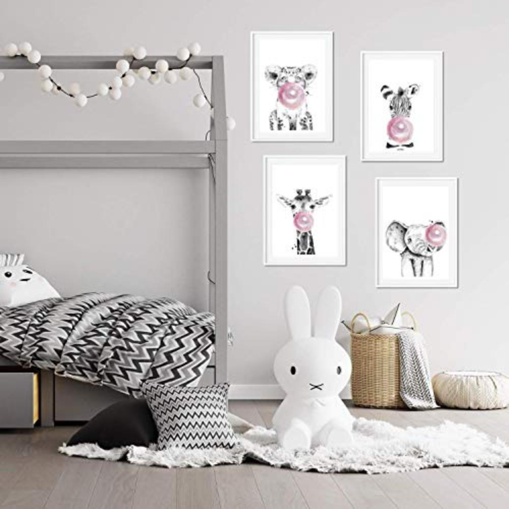 POSTER Set mit 4 Kinder Tiere mit rosa Kaugumm A4 Rahmenlos - Klar, Papier (29.7/3cm) - Nacnic