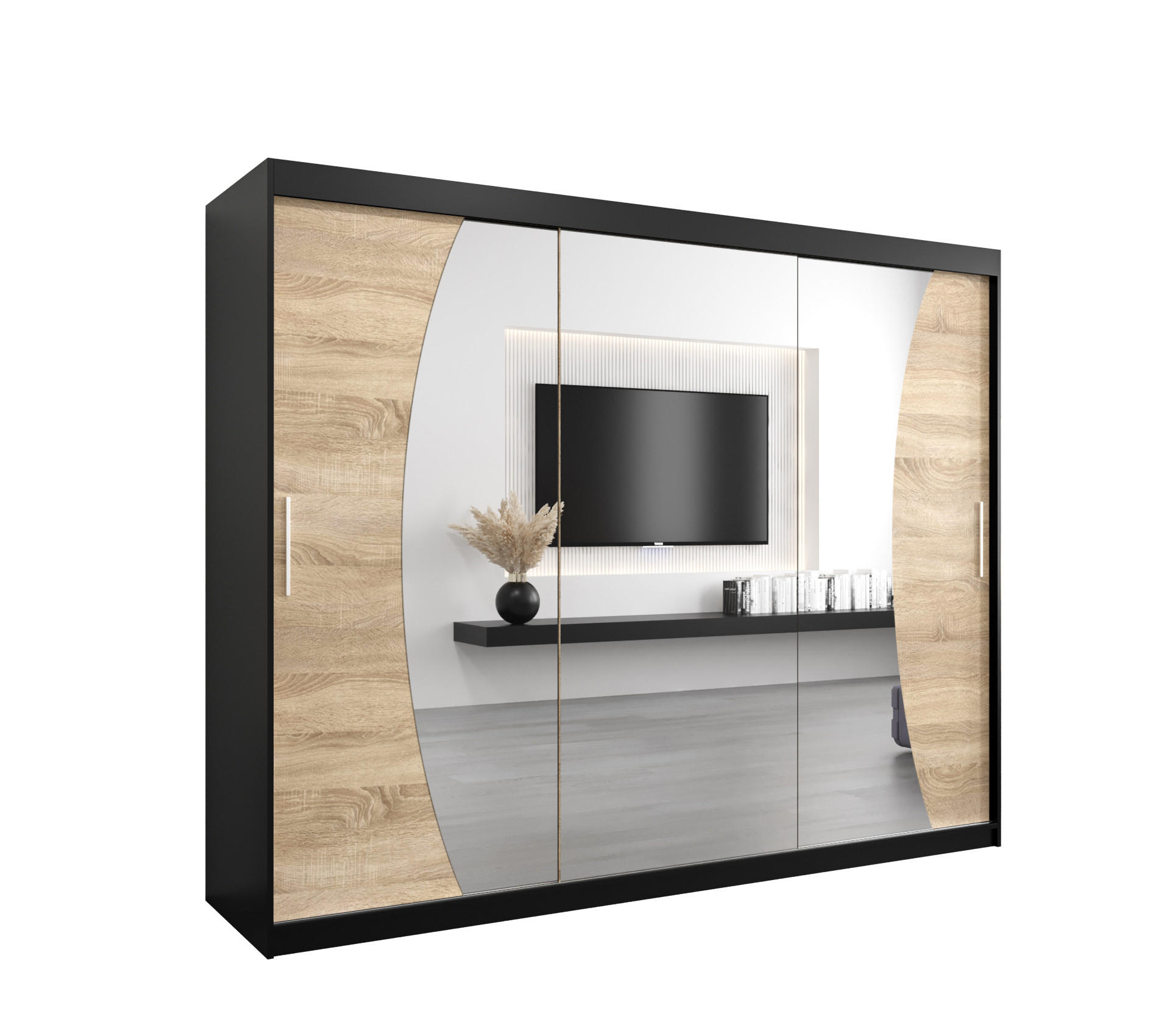 Abiks Möbel SCHWEBETÜRENSCHRANK Schwarz, Sonoma Eiche 250cm × 62cm × 200cm