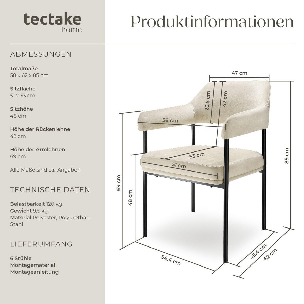 ARMLEHNSTUHL 6er Set Doé 58 x 62 x 85 cm Samtoptik off-white - Weiß/Samtahornfarben, Textil (58/85/62cm) - tectake