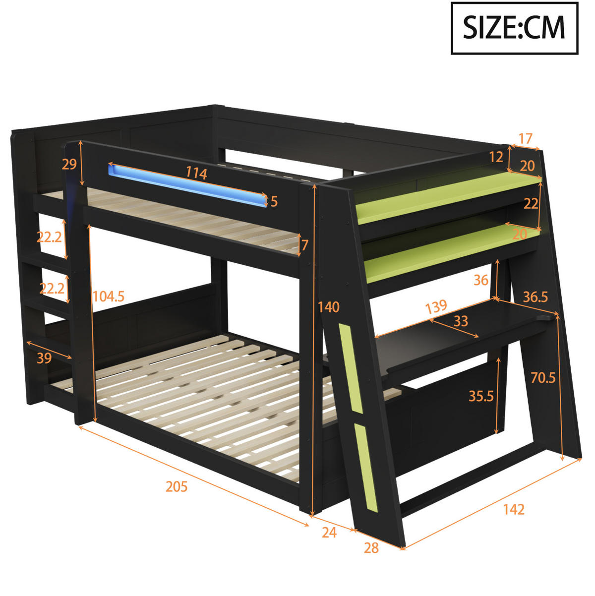 ETAGENBETT 140/200 cm schwarz/grün aus Kiefer und MDF mit Schreibtisch und LED - Schwarz, Holzwerkstoff (140/200cm) - OKWISH