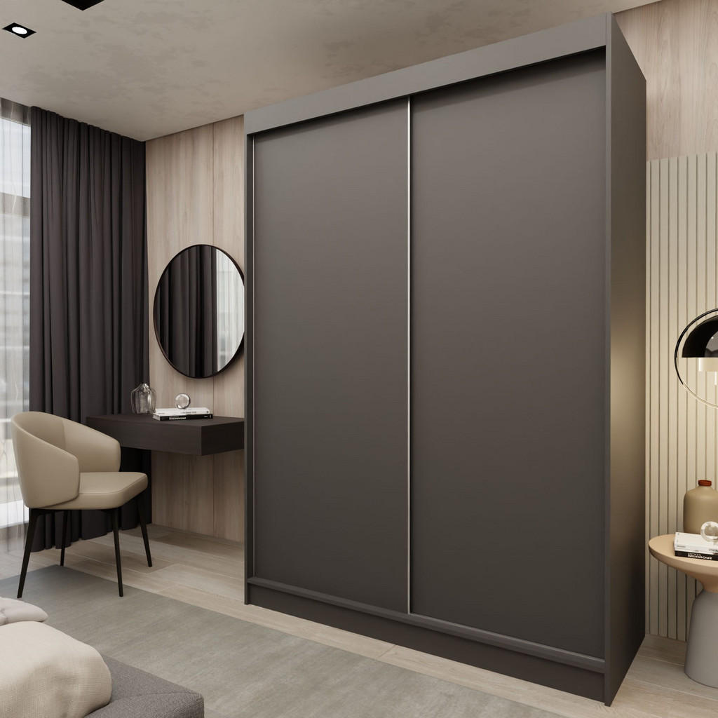 Thumbnail - Masseno Schwebetürenschrank, Grau, Holzwerkstoff, 4 Fächer, Rechteckig, 150x216x61 cm, Schlafzimmer, Kleiderschränke, Sc...
