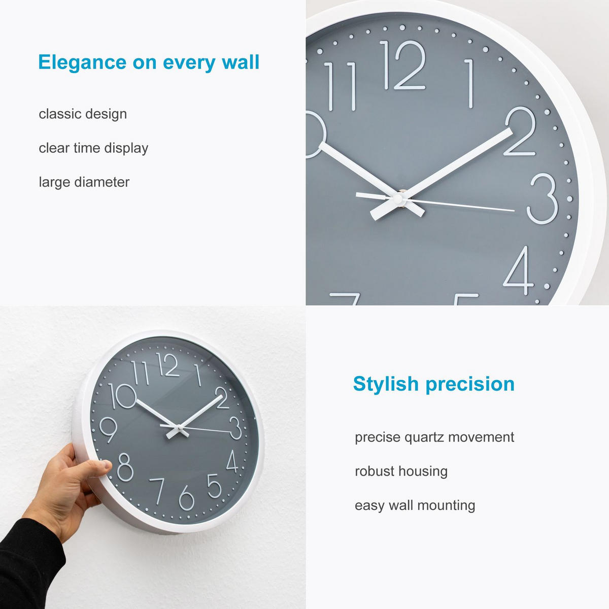 WANDUHR 30.5 cm - Grau, Kunststoff (30.5/30.5/4.5cm) - Intirilife