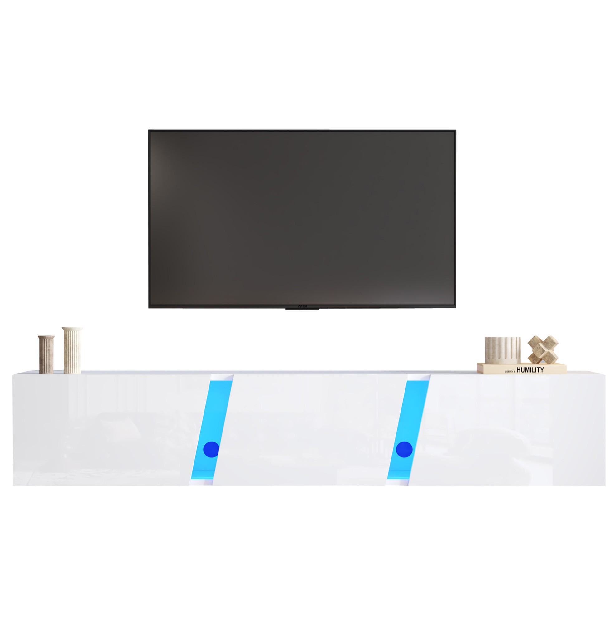 TV-LOWBOARD aus Spanplatte 180x35x30 cm Weiß mit LED-Beleuchtung, Wandmontage und 3 Klapptüren - Weiß, Holzwerkstoff (180/30/35cm) - Modfu