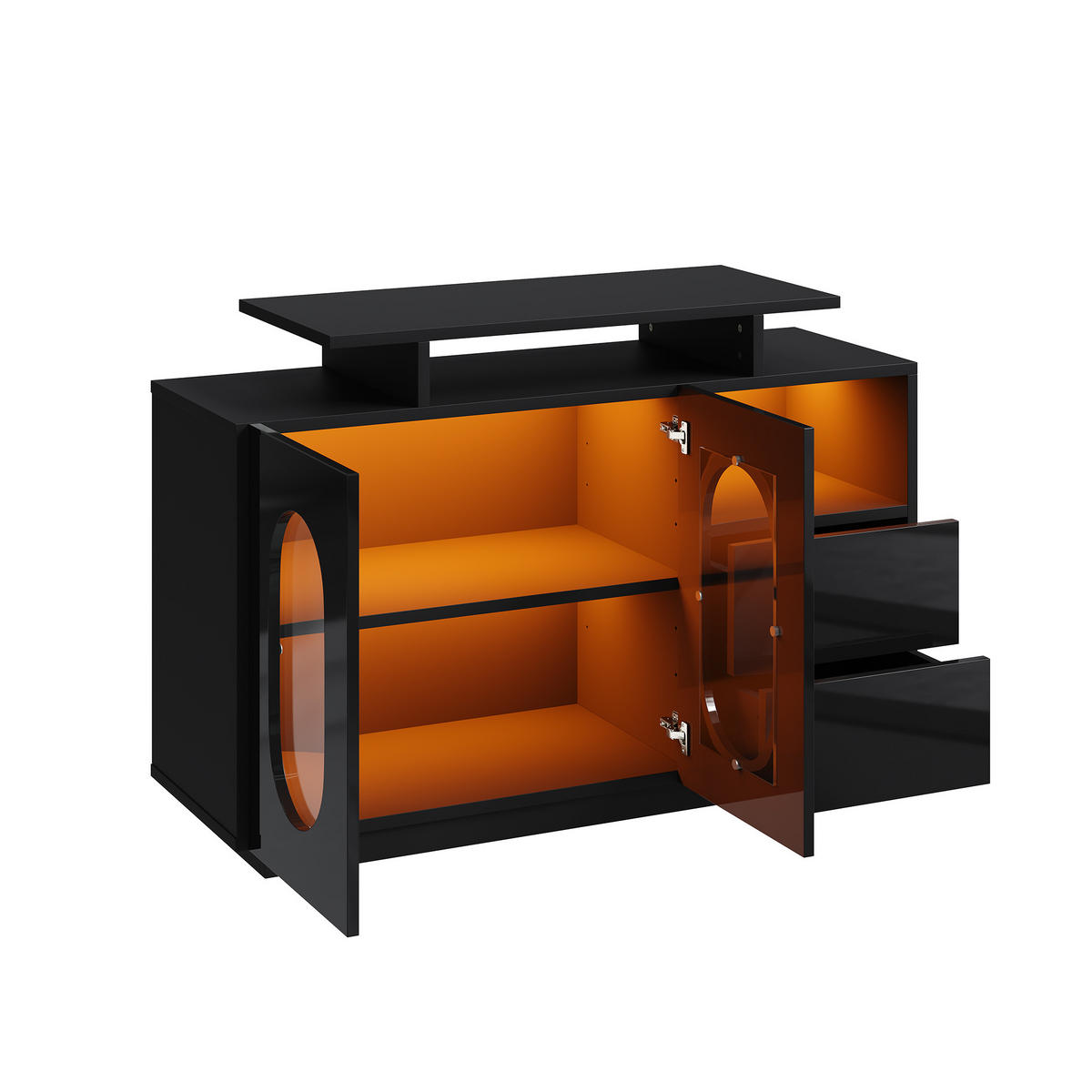 SIDEBOARD aus Holzwerkstoff 120x40x80 cm Schwarz mit LED-Beleuchtung, Glasvitrine und verstellbaren Einlegeböden - Schwarz, Holzwerkstoff (120/80/40cm) - Modfu