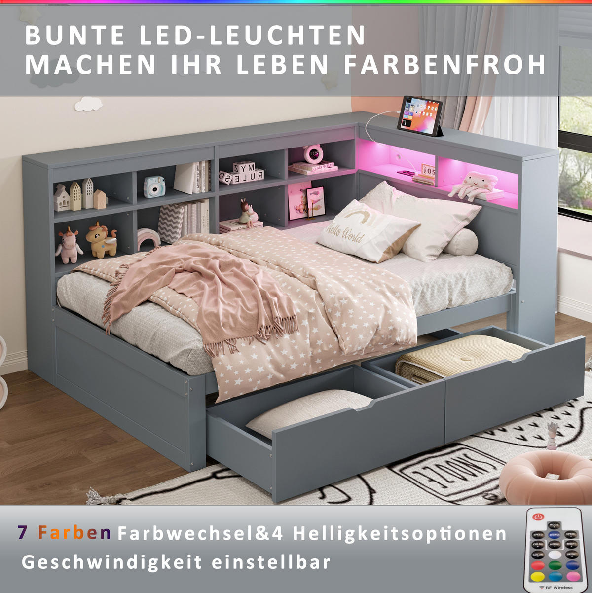 BETT 90/200 cm Grau aus Holz mit Stauraum, USB und LED - Grau, Holzwerkstoff (90/200cm) - OKMYHOME
