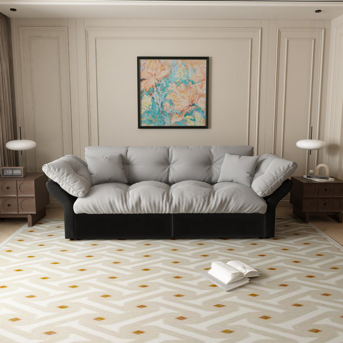 SCHLAFSOFA 190/85/91 cm Hellgrau Samt mit Tufting und 2 weichen Kissen - Hellgrau, Textil (190/91/85cm) - Oxeza