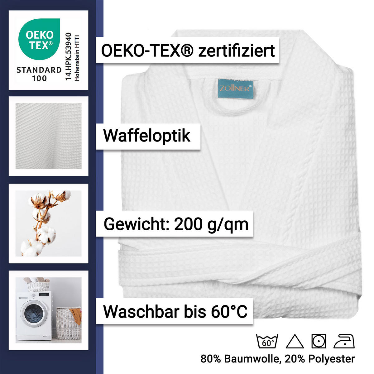 BADEMANTEL, 3XL, 80% Baumwolle, 20% Polyester, Weiß - Weiß, Naturmaterialien (XXXLnull) - Zollner
