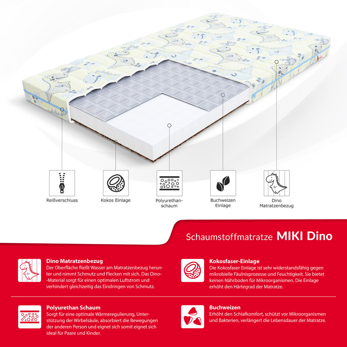 KINDERMATRATZE Miki Dino - Hellgelb/Hellblau, Textil (60/120cm) - FDM