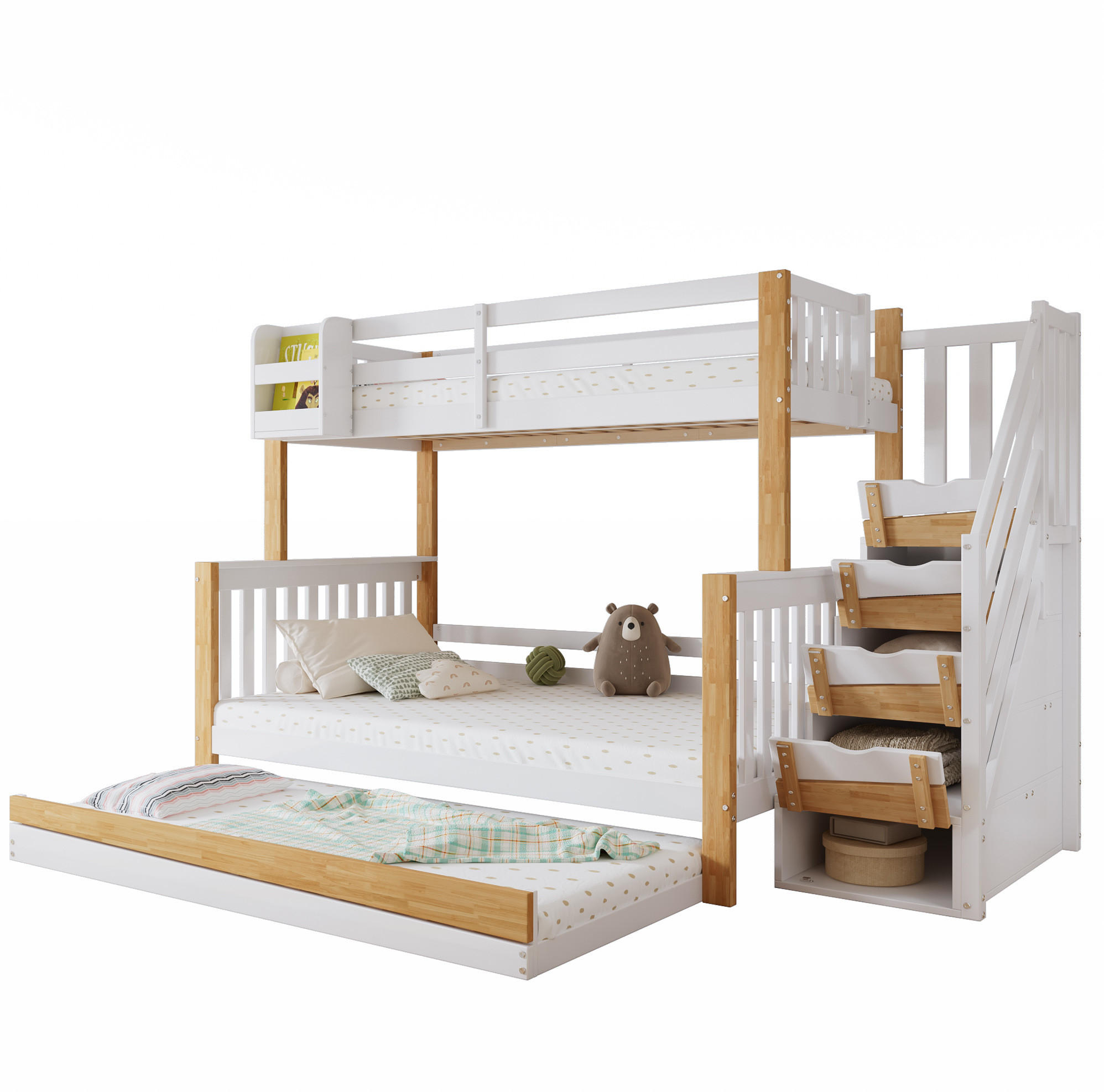 ETAGENBETT 90/200 & 120/200 cm mit Rollbett, Stauraumtreppe und Regal, Kiefer/MDF, Weiß/Natur - Weiß, Holz (90/200cm) - Redom