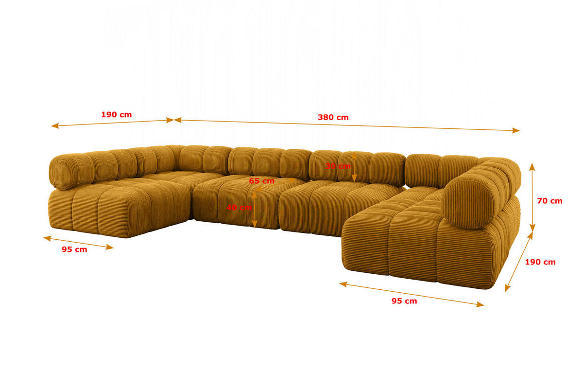 WOHNLANDSCHAFT modulares Sofa Garvo-U2 - 380x190x70 cm Senfgelb Cord - Currygelb, Holzwerkstoff/Textil (380/70/190cm) - ALTDECOR