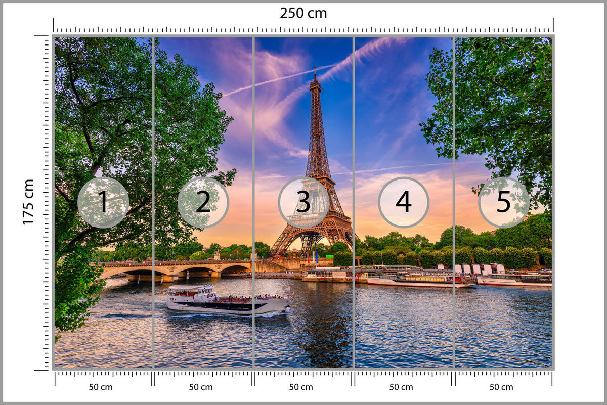 FOTOTAPETE Eiffelturm Paris Architektur 3D 250x175 - Blau/Gelb, Papier (250/175cm) - Muralo