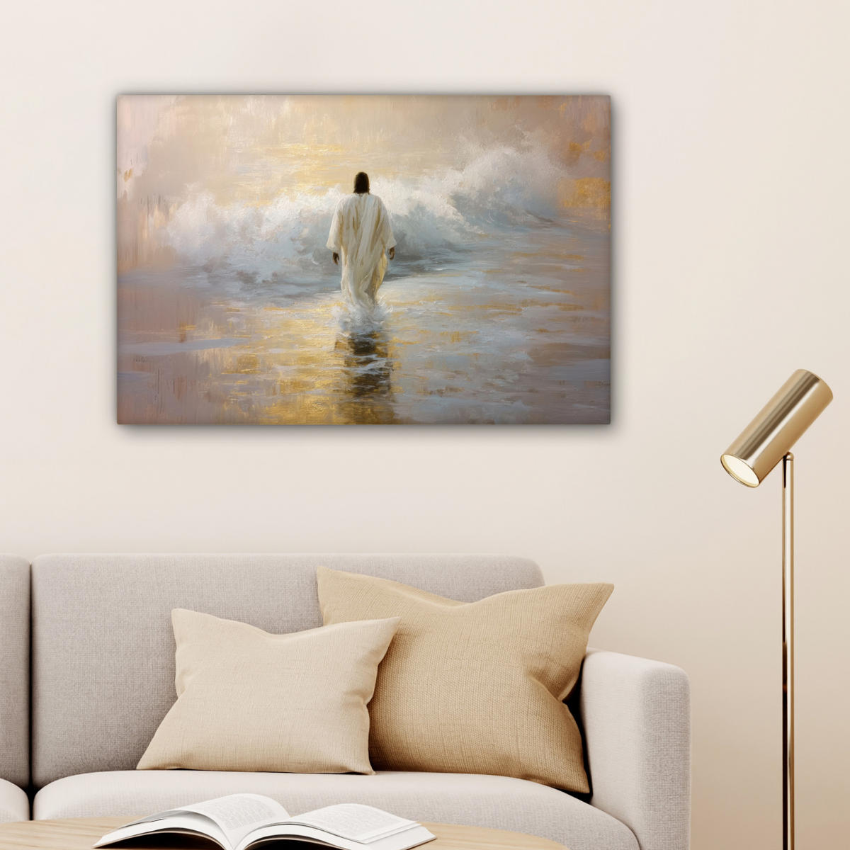 LEINWANDBILD Gemälde - Welle - Jesus - Abstrakt Gemälde 60x40 cm - Goldfarben, Textil (60/40cm) - MuchoWow