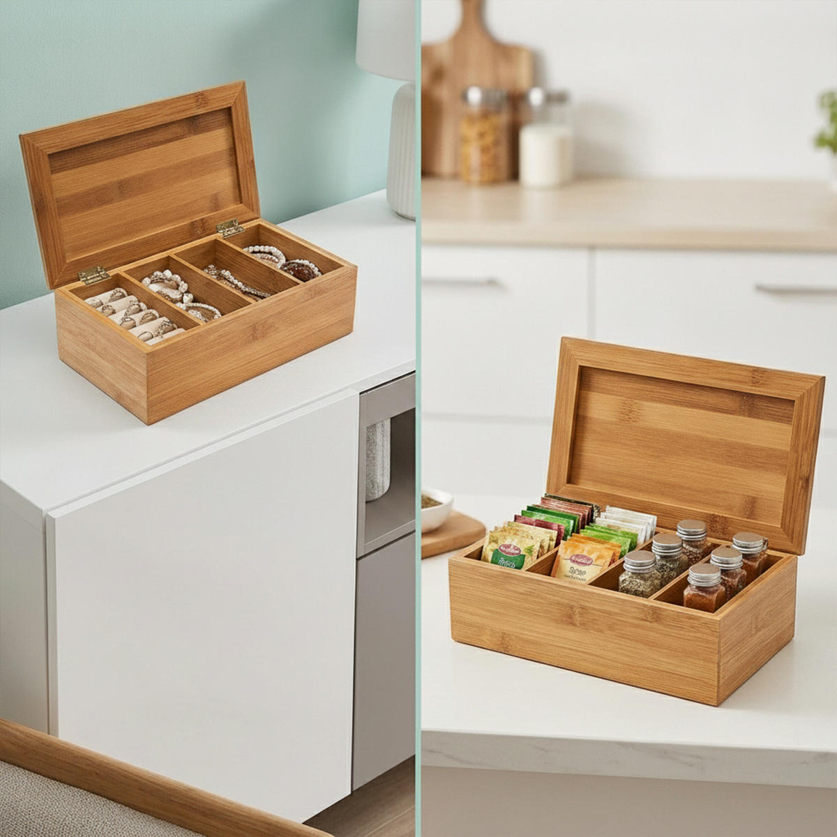 TEEBOX Natur Bambus lackiert 4 Fächer 27,5x15,5x9 cm - Hellbraun, Holz (16/9/28.5cm) - Relaxdays