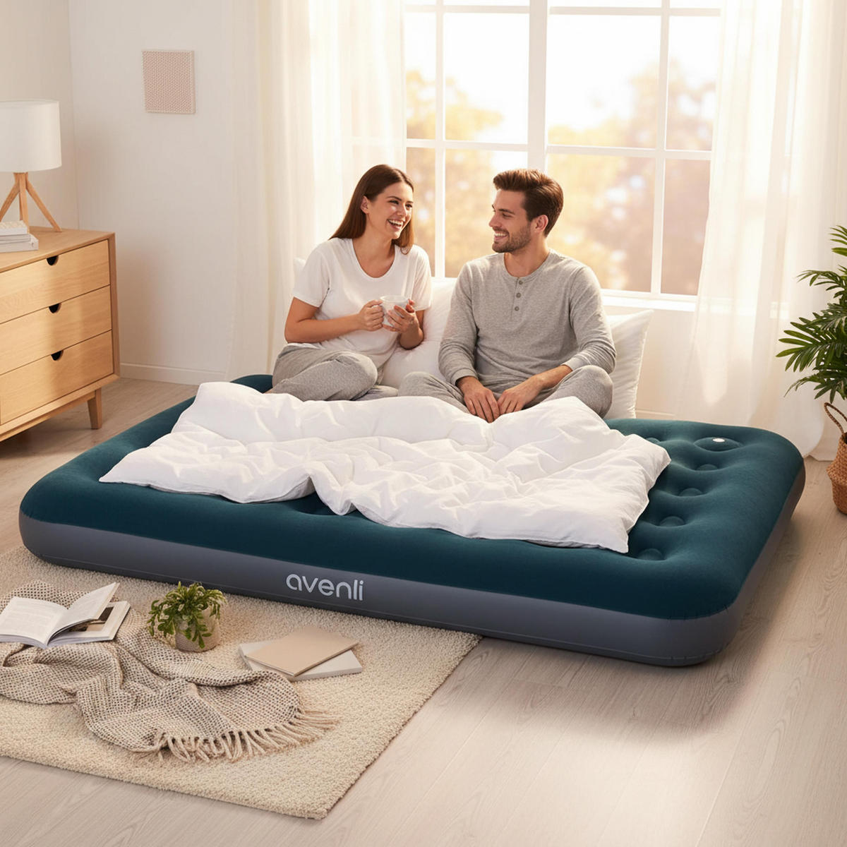 LUFTBETT Luftmatratze Camping 2 Personen 191x137x22cm aufblasbar mit Fußpumpe - Blau, Kunststoff (137/191cm) - Avenli