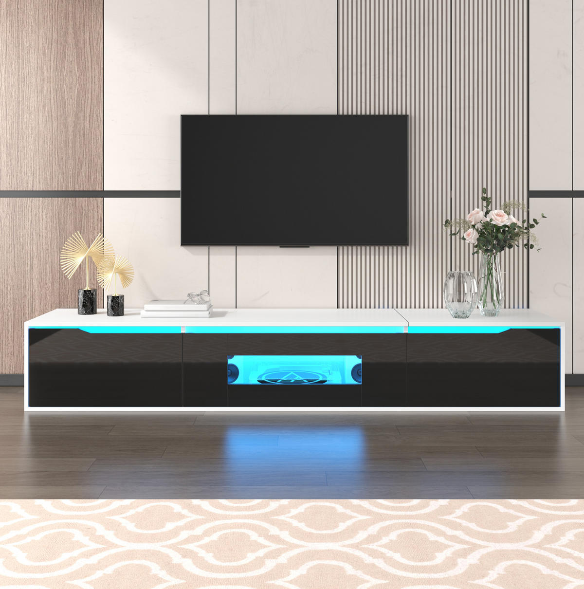 TV-SCHRANK aus Holzwerkstoff 180x35x30 cm Weiß/Schwarz mit LED-Beleuchtung und geriffelten Türen - Schwarz, Holzwerkstoff (180/35/30cm) - Modfu