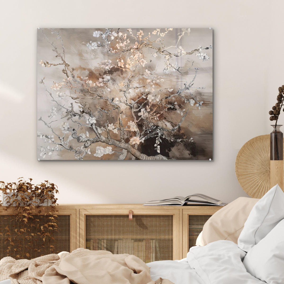ACRYLGLASBILD Mandelblüte - Kunst - Van Gogh - Beige - Abstrakt 80x60 cm - Braun, Glas (80/60cm) - MuchoWow