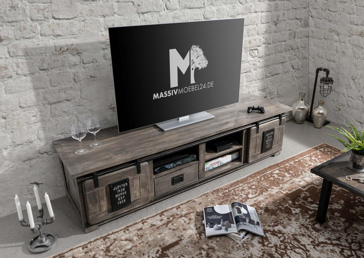 TV-BOARD Mango 200x55x50 grau lackiert RAILWAY #251 - Grau, Holz (200/50/55cm) - Massivmoebel24