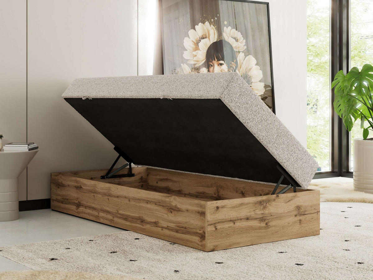 BOXBETT WOOD ZERO 90/200 - Beige Struktur - H4 - Topper Visco - Beige, Textil (90/200cm) - MKS