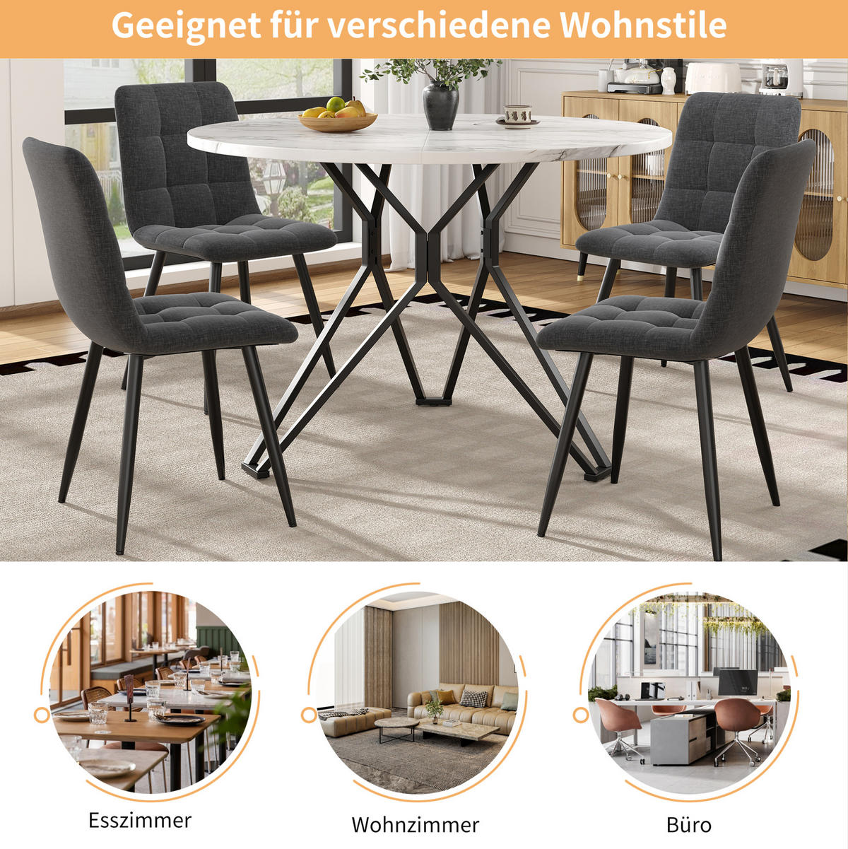ESSTISCH 100/100/76 cm in Schwarz mit Marmoroptik und Metallgestell - Schwarz, Holzwerkstoff (100/100/76cm) - Flora Grace