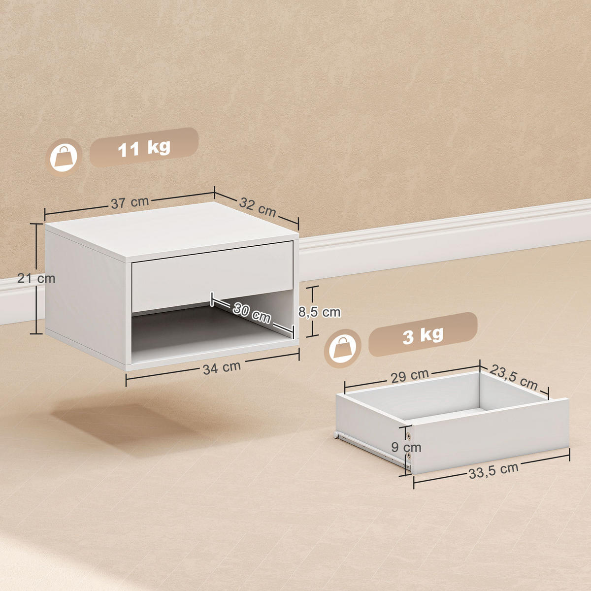 NACHTTISCH Weiß Spanplatte wandhängend mit Schublade 2er-Set - Weiß, Holzwerkstoff (37/21/32cm) - PANGIVO
