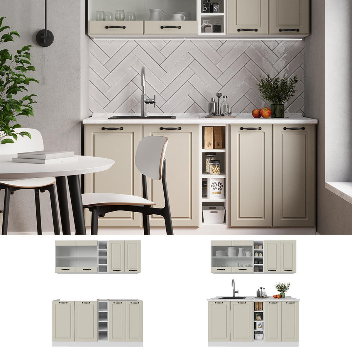 SINGLEKÜCHE R-Line, Sand Landhaus/Weiß, 160 cm Arbeitsplatte Anthrazit - Beige/Weiß, Holzwerkstoff (160/81.6/60cm) - Vicco