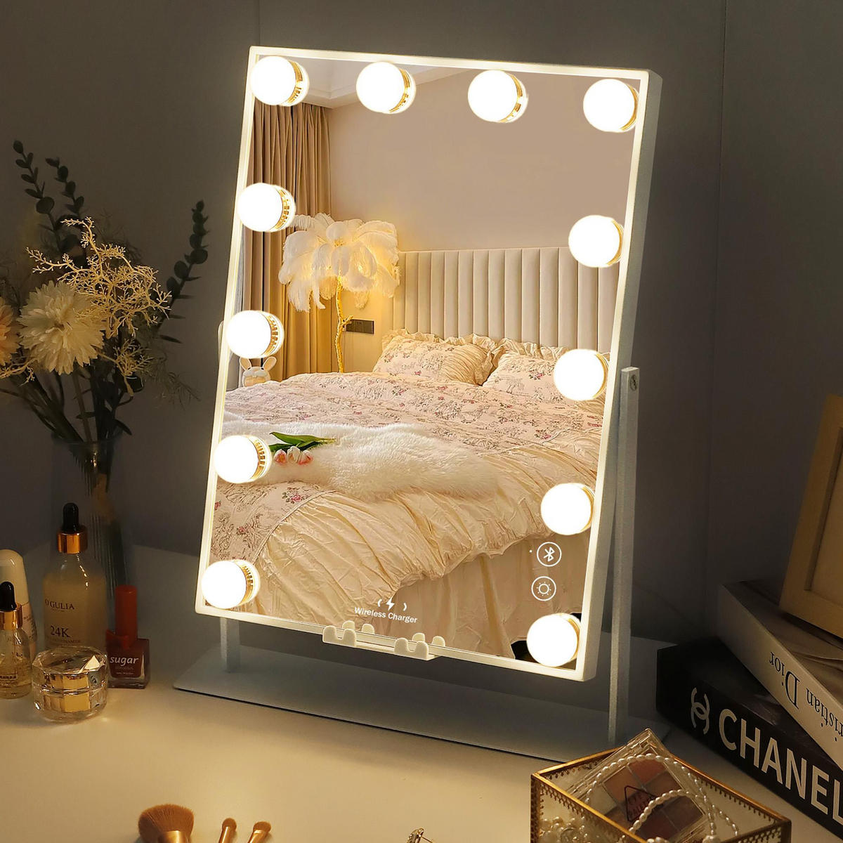 SCHMINKSPIEGEL mit LED-Beleuchtung und Bluetooth weiß 30/41 cm - Weiß, Metall (30/41/3cm) - VANITII