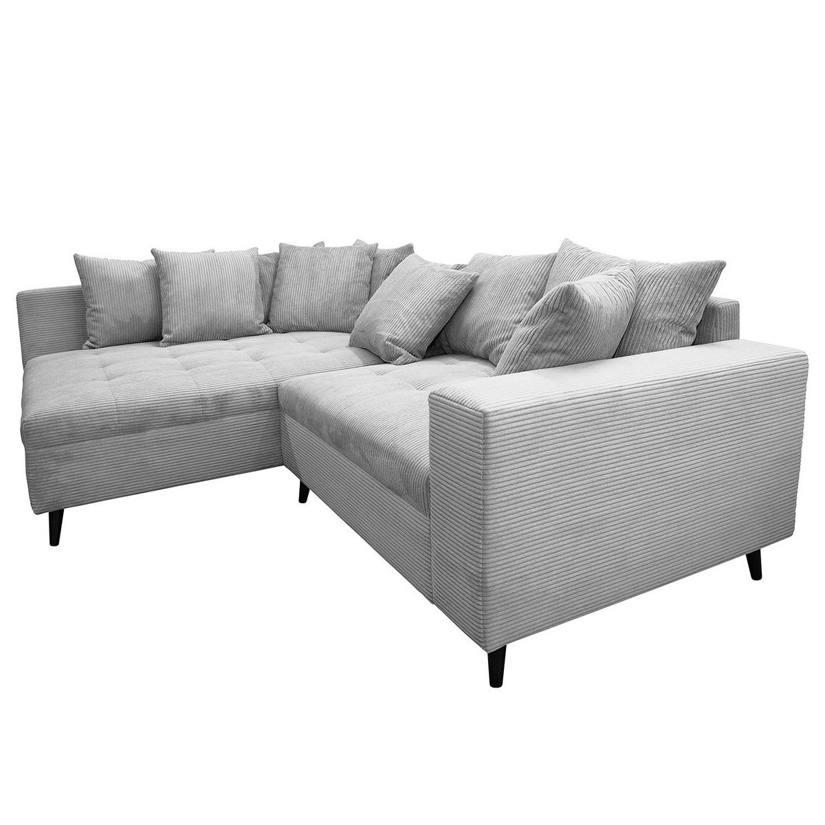 ECKSOFA mit Ottomane und Hocker - Hellgrau/Schwarz, Birkenholz/Textil (247/174cm) - home24