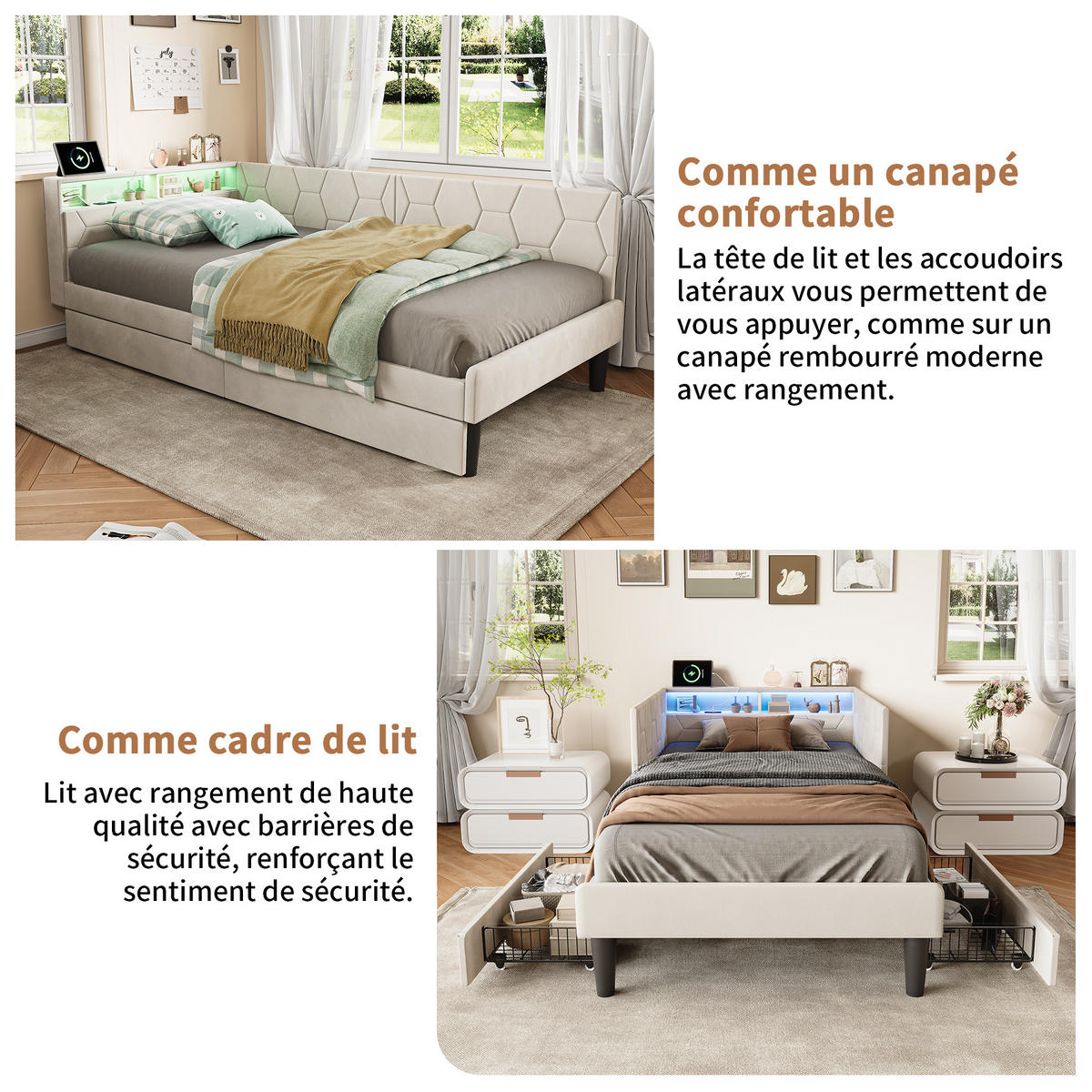 POLSTERBETT 90x200 cm LED USB Schubladen Lattenrost beige - Beige, Holz (90/200cm) - Fortuna Lai