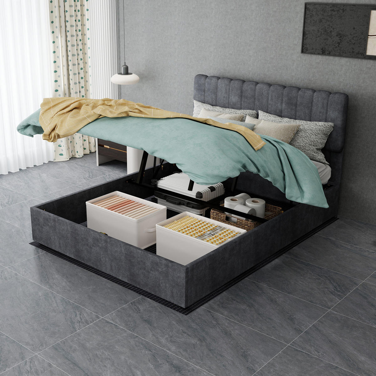 POLSTERBETT 140/200 cm DE-33015 mit Gaslift-Stauraum Grau - Grau, Metall (140/200cm) - ComfortXL