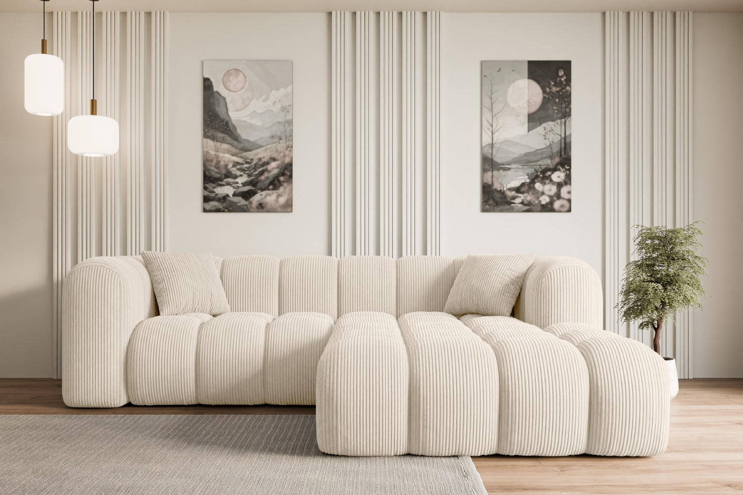 ECKSOFA Ottomane Rechts OLEA-L1 - 231x173x74 cm Beige Cord - Beige/Schwarz, Holzwerkstoff/Kunststoff (231/173cm) - ALTDECOR