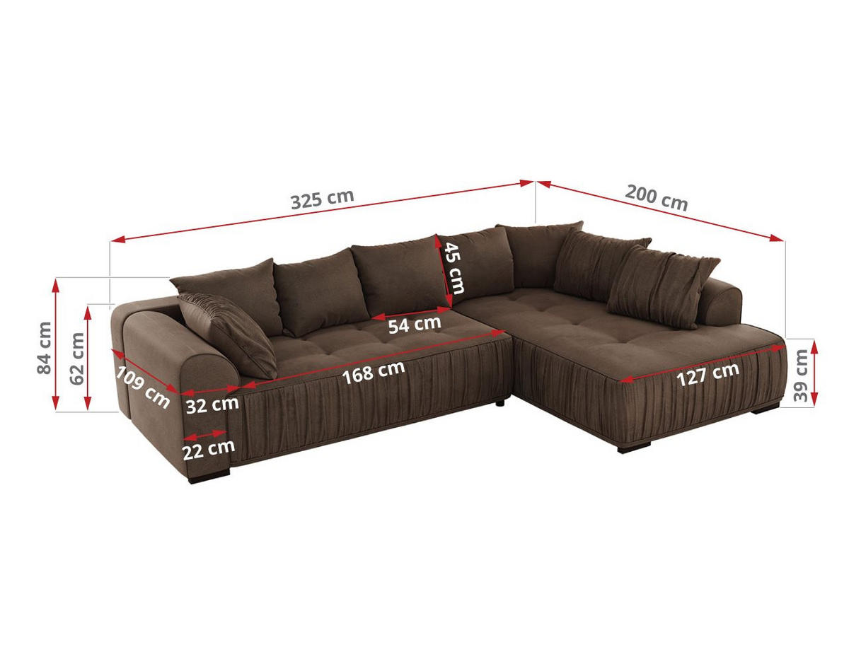 ECKSOFA ORTA Braun Velvet - Rechts - Schwarz/Braun, Textil (200/325cm) - MKS
