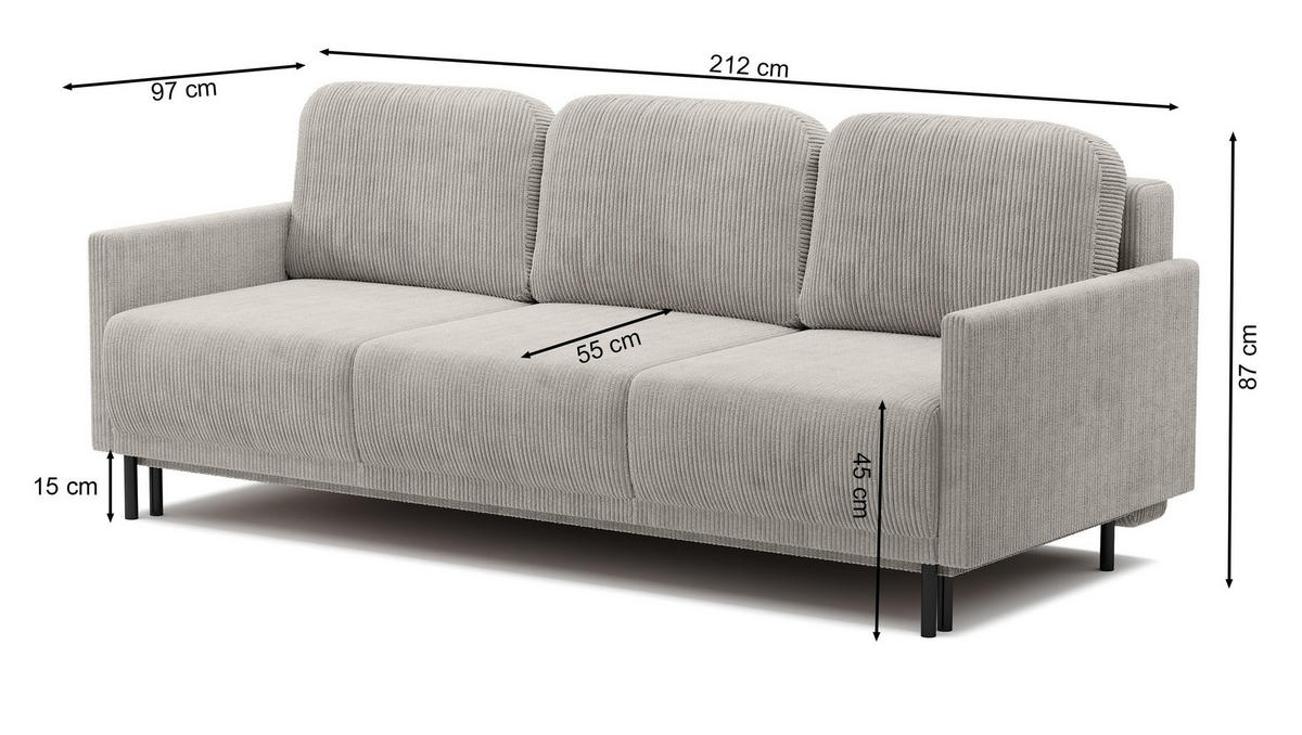 SCHLAFSOFA Hamiel Beige Cordbezug 212 cm - Beige/Schwarz, Holz/Textil (212/87/97cm) - Selsey