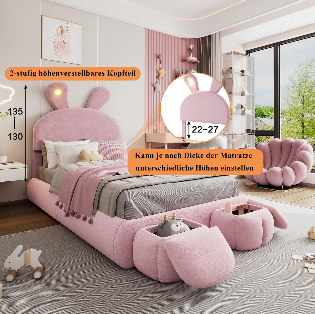 POLSTERBETT 90/200 cm Rosa aus Samt mit LED-Beleuchtung - Rosa, Textil (90/200cm) - OKMYHOME