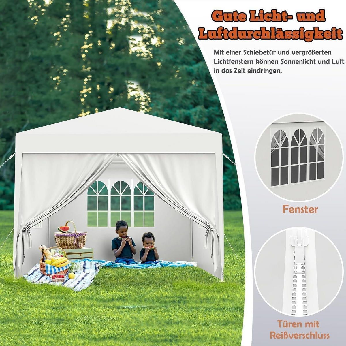 GARTENPAVILLON 3 x 6 m Weiß mit Seitenteilen und Fenstern - Weiß, Kunststoff (300/250/600cm)
