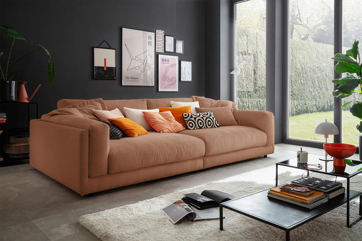 BIG SOFA RAINA Braun Cord - Dunkelbraun/Schwarz, Kunststoff/Textil (254/85/150cm) - KAWOLA