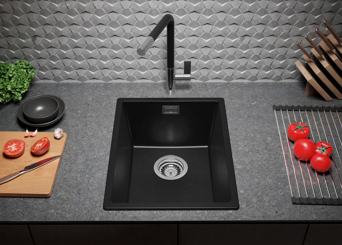 SPÜLBECKEN London Slim, 2-er set Schwarz Metallic 36/47 cm 1 Becken + Ablauf-Set ab 40er Unterschrank - Chromfarben/Schwarz Hochglanz, Kunststoff (36/20/47cm) - Primagran