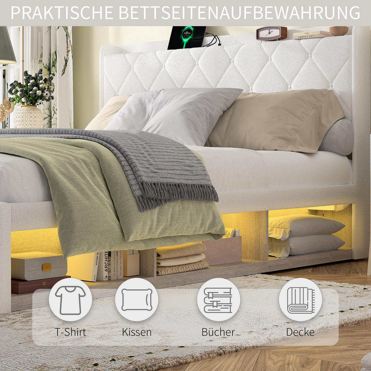 POLSTERBETT 140/200 cm Beige mit 6 Ablagefächer, USB-Ladefunktion und LED-Lichtleisten - Weiß, Textil (140/200cm) - Oxeza