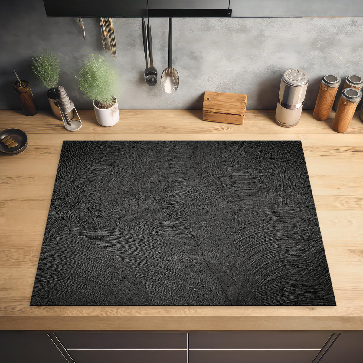 HERDABDECKPLATTE Beton - Schwarz - Industriell Induktionsmatte 77x59 cm - Anthrazit, Kunststoff (77/59/0.2cm) - MuchoWow