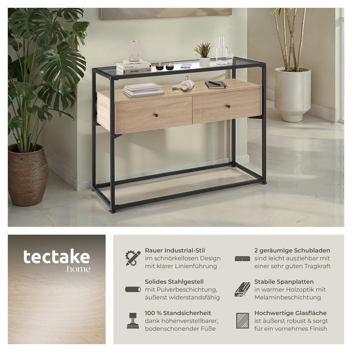 KONSOLENTISCH Reading,101,5 x 41,5 x 80,5 cm,Industrial Holz hell, Eiche Sonoma - Naturfarben, Holzwerkstoff (101.5/41.5/80.5cm) - tectake