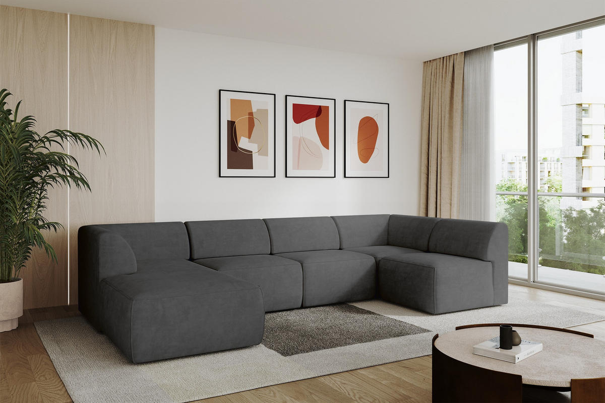 WOHNLANDSCHAFT Ottomane Links MOVA 345x180x78 Dunkelgrau Samt - Dunkelgrau/Anthrazit, Holzwerkstoff/Kunststoff (180/78/345cm) - ALTDECOR
