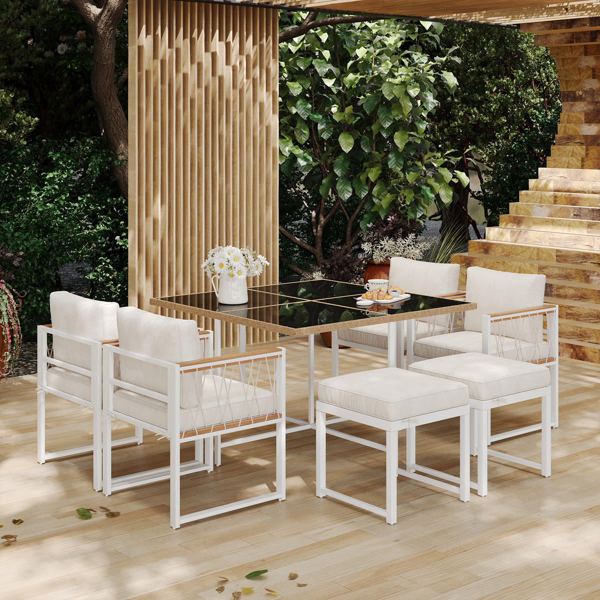 GARTENTISCH- UND STUHLSET Weiß 7tlg - Creme, Glas/Holzwerkstoff - Urban Meuble