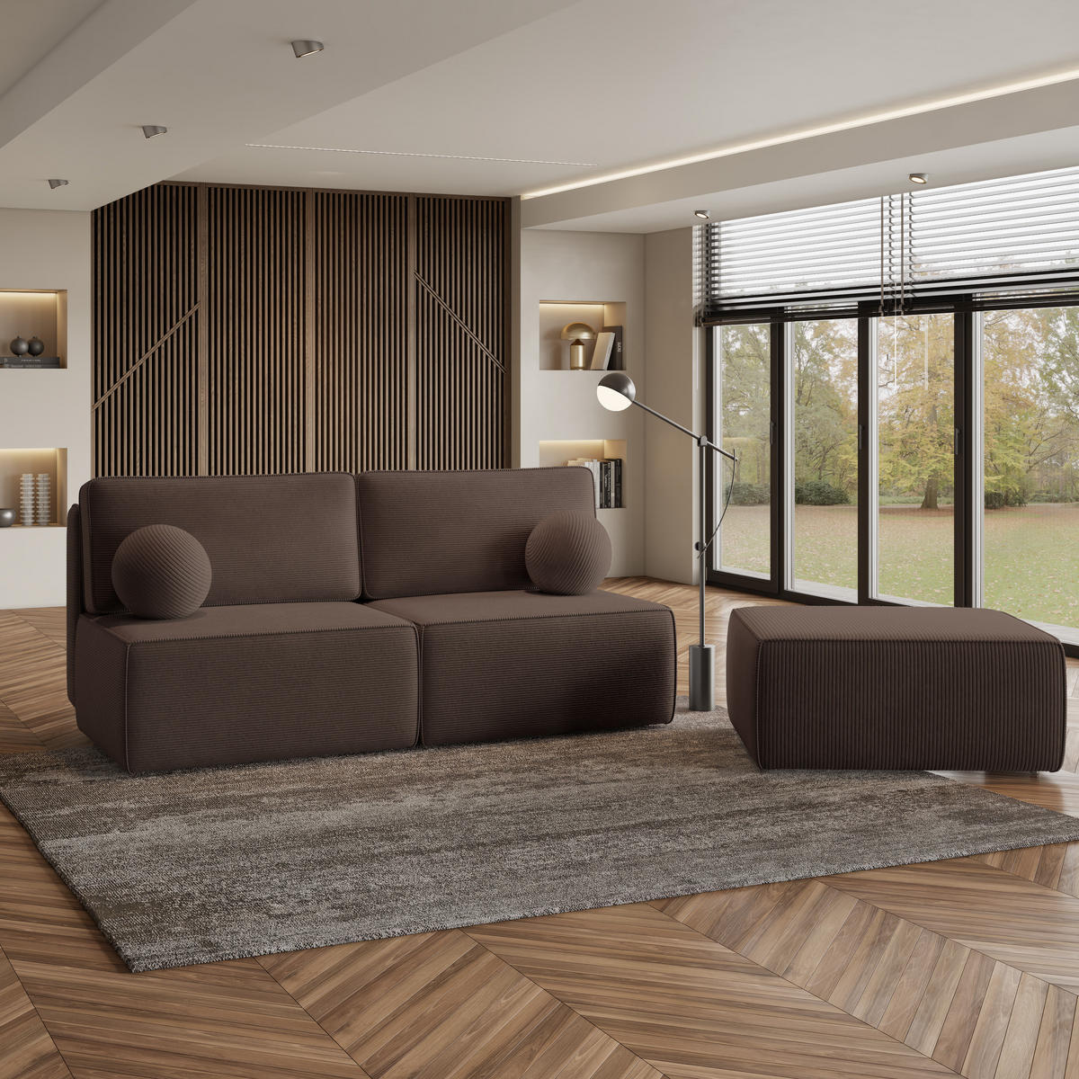 ECKSOFA VARNA P Braun Kordstoff mit Schlaffunktion - Braun, Holz (196/158cm) - MASSENO