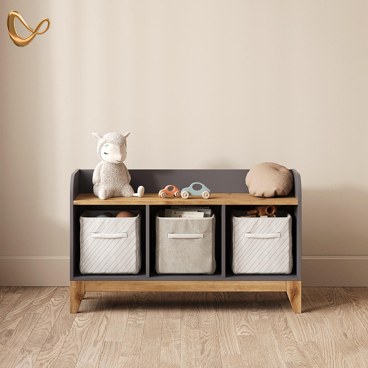 KINDERSITZBANK Mailo Grau/Artisan 107.2 x 63.8 cm XL mit 3 Schubladen - Eiche Artisan/Grau, Holzwerkstoff (107.2/63.8/30.6cm) - Livinity®