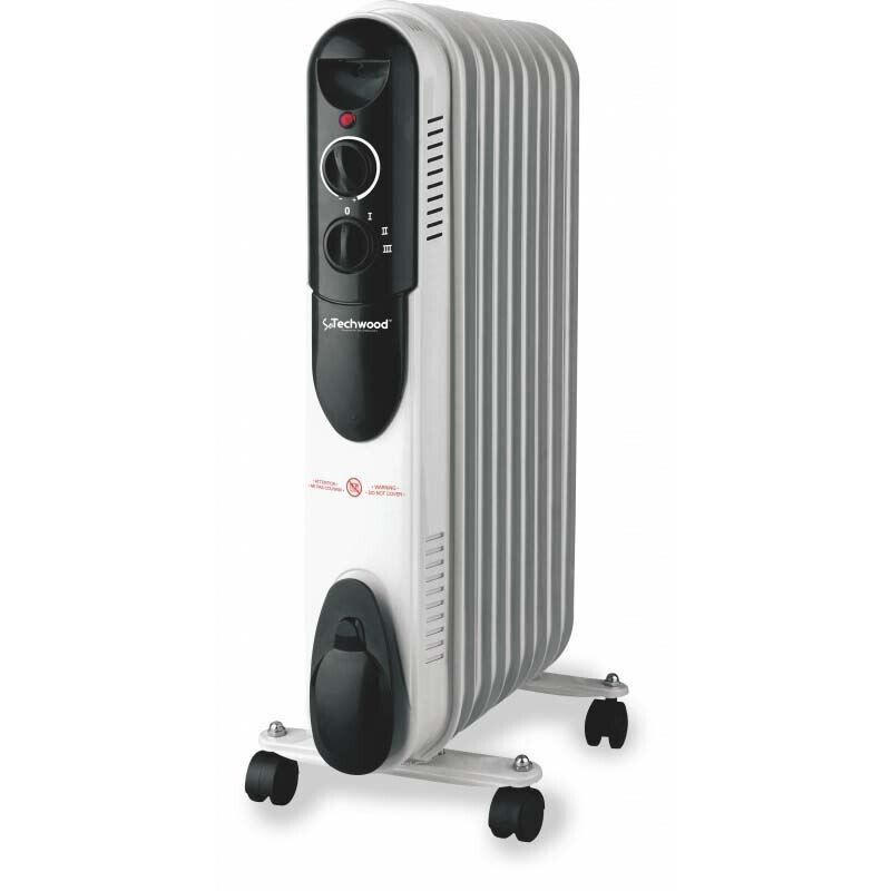 ÖLRADIATOR – Techwood – 2000 W, Heizkörper mit Thermostat, Mobiler Heizlüfter, Konvektionswärme, Überhitzungsschutz, Rollen, Weiß, Elektroheizer - Weiß, Metall (24/63/45cm)