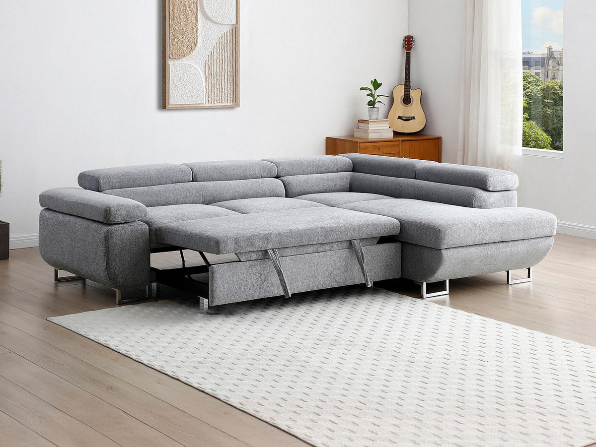 ECKSOFA mit Schlaffunktion - Ecke rechts - Strukturstoff - Grau - NURAZIO - Grau, Textil (268/202cm) - Vente-Unique