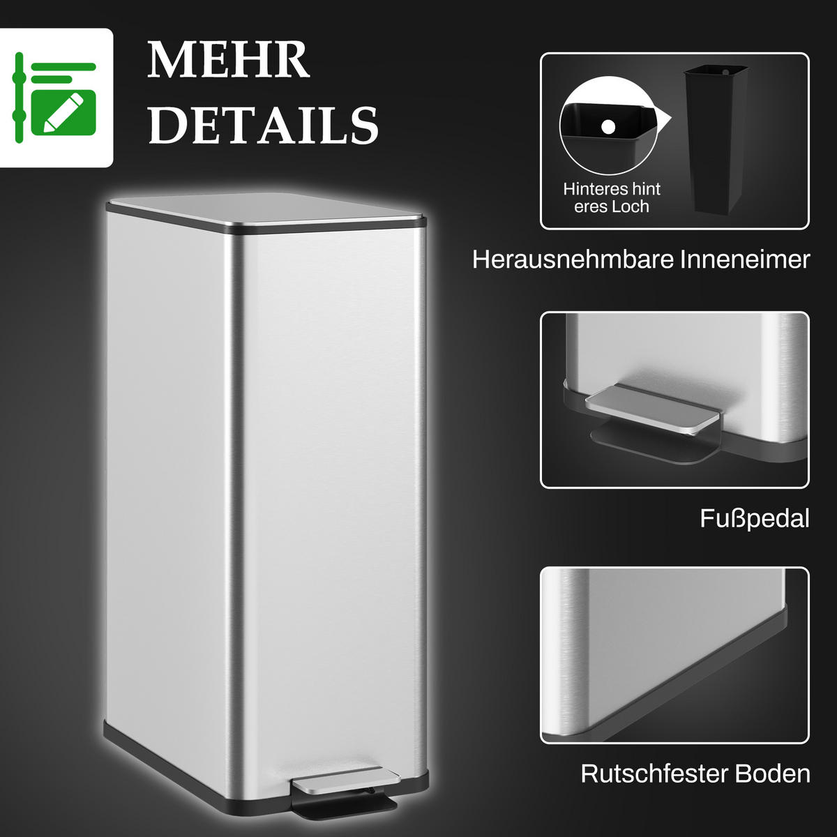 MÜLLEIMER 20L - Silberfarben, Metall (37.2/57/21.5cm) - HOMCOM
