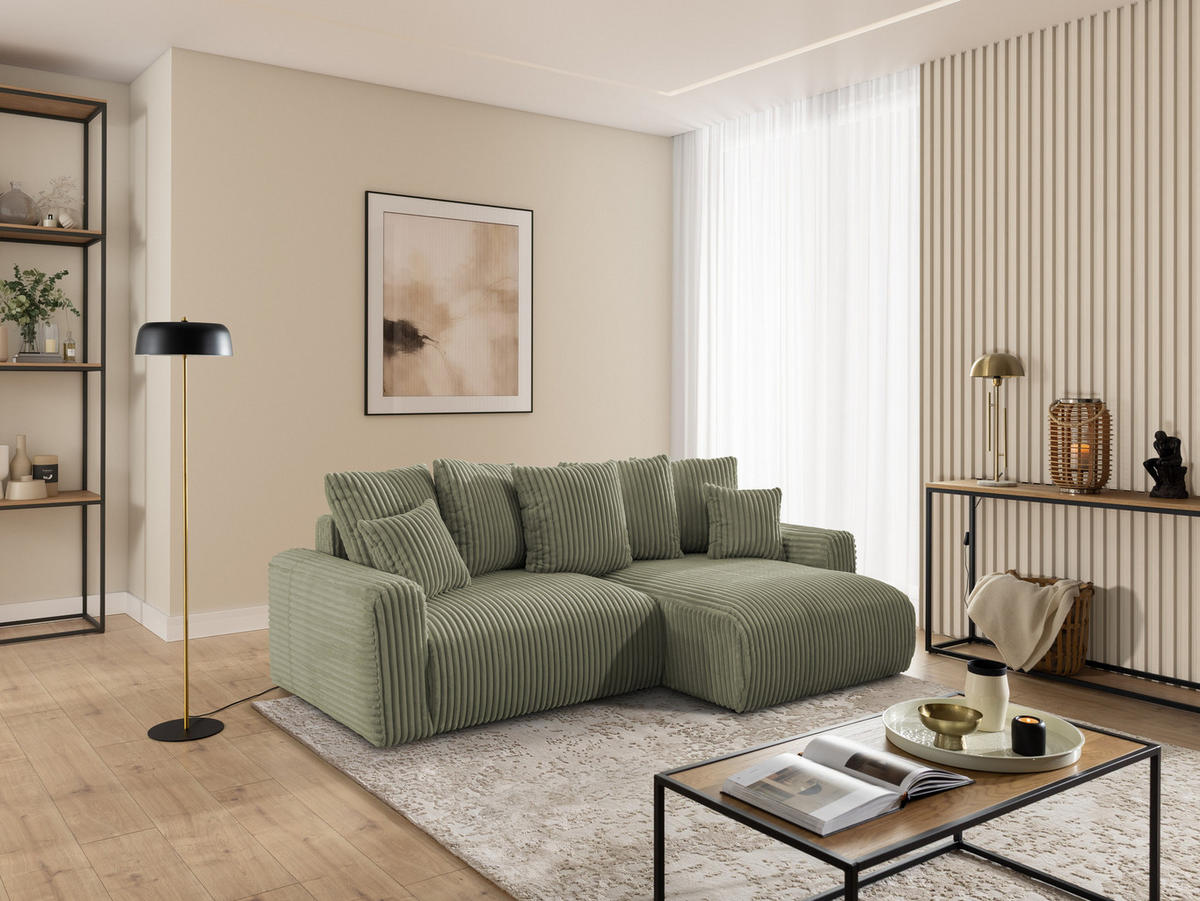 ECKSOFA Calma mit Schlaffunktion und Bettkasten im Bumpy-Design aus weichem Olive Plüschcord - Ottomane rechts - Schwarz/Grün, Holz/Kunststoff (140/239cm) - S-Style