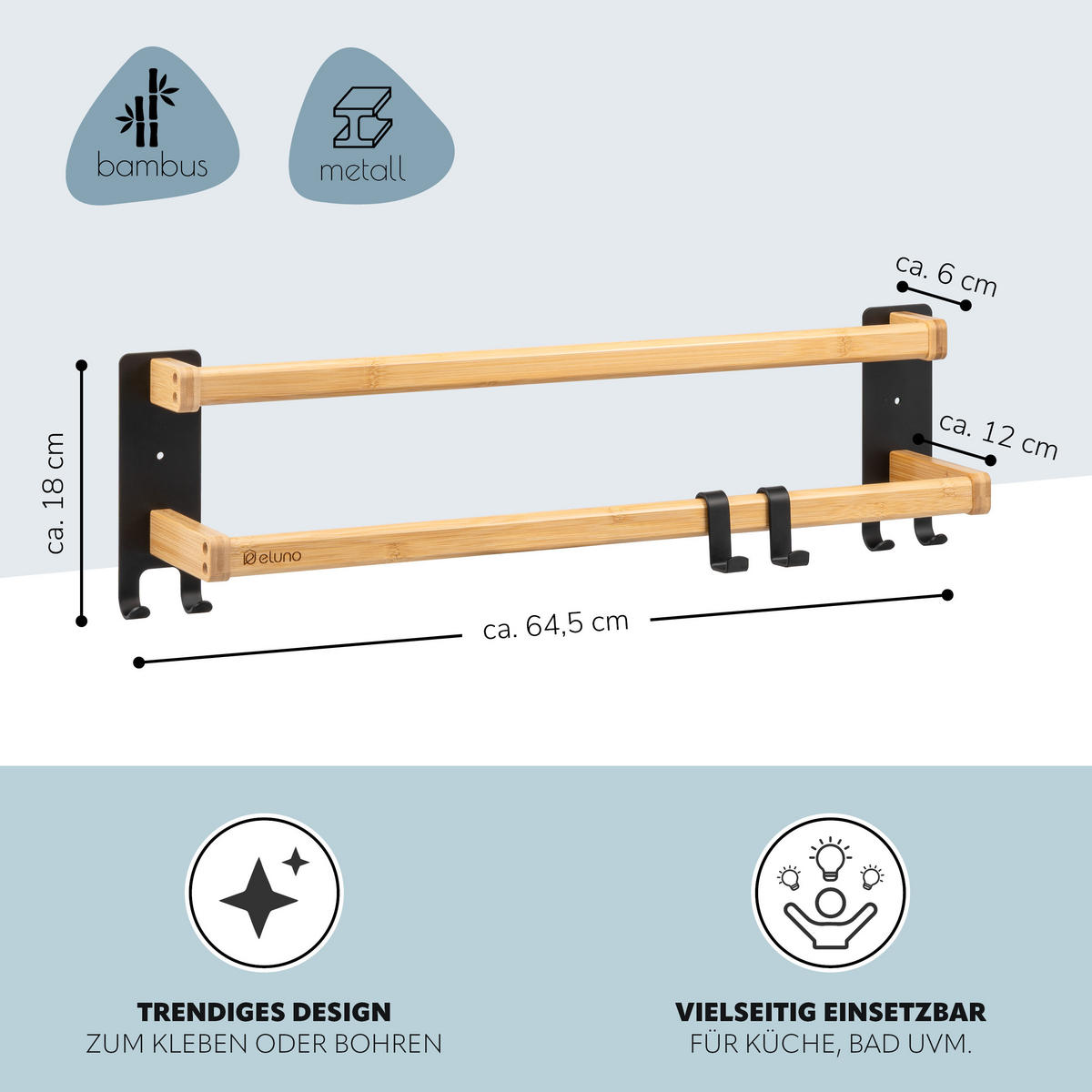 HANDTUCHHALTER, Metall schwarz mit Bambus - Schwarz, Holz (64.5/18/12cm) - eluno